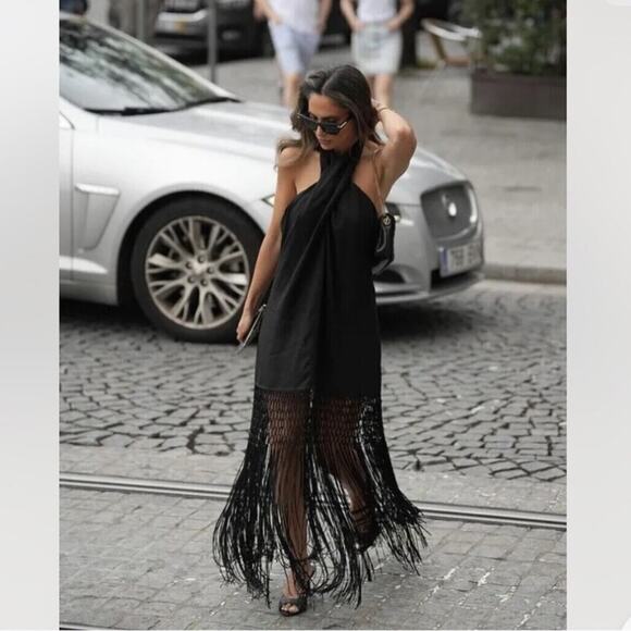 Zara Black LINEN DRESS WITH FRINGE Size Large - Picture 3 of 16